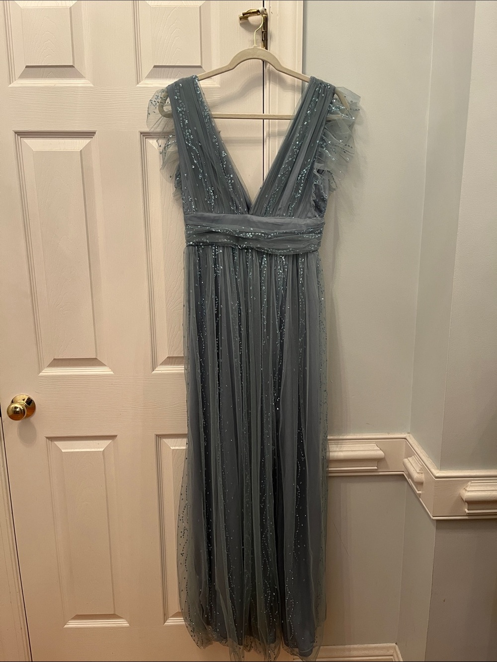 Sparkling Slate Blue Tulle Maxi Dress with V-Neck